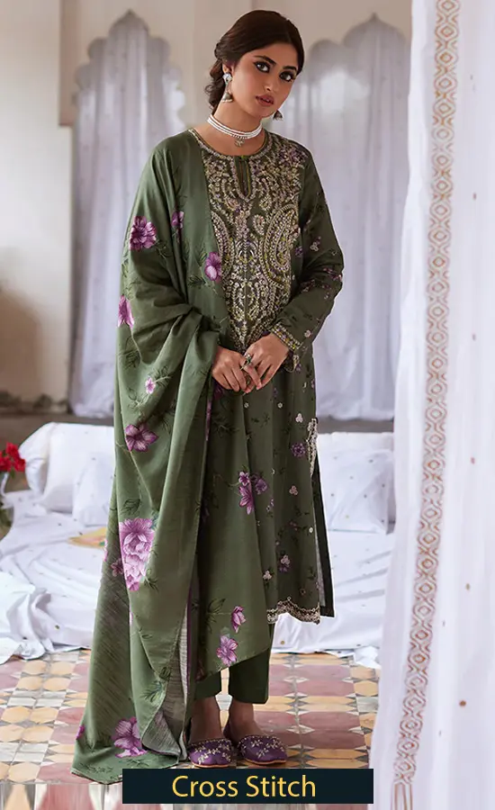 embroidered khaddar Olive Meadow