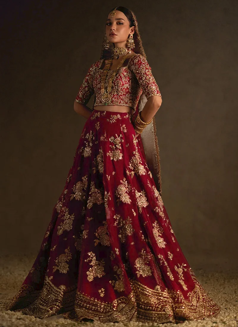 green emerald velvet dress Red Golden Lehenga Choli for Pakistani Bridal Wear – Nameera by Farooq main image 0