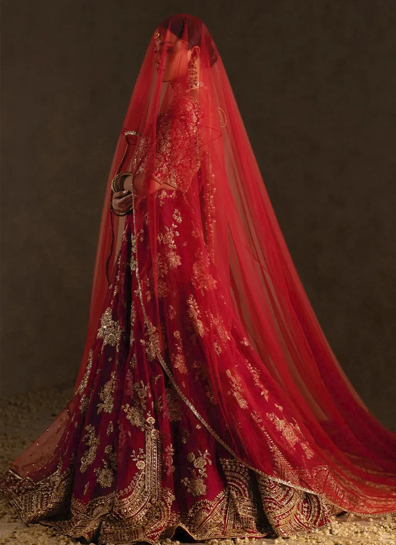 strapless open back dress Traditional Indian Bridal Silk Red & Gold Wedding Outfit [product_title] |  OORVI DESAI main image 1